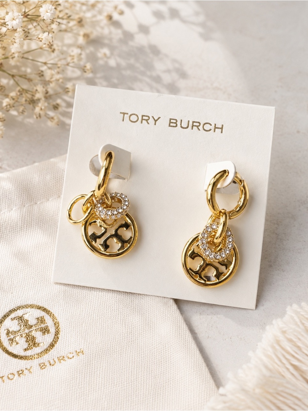 Tory Burch Gold Logo Charm Hoop Earrings with Crystal Ring